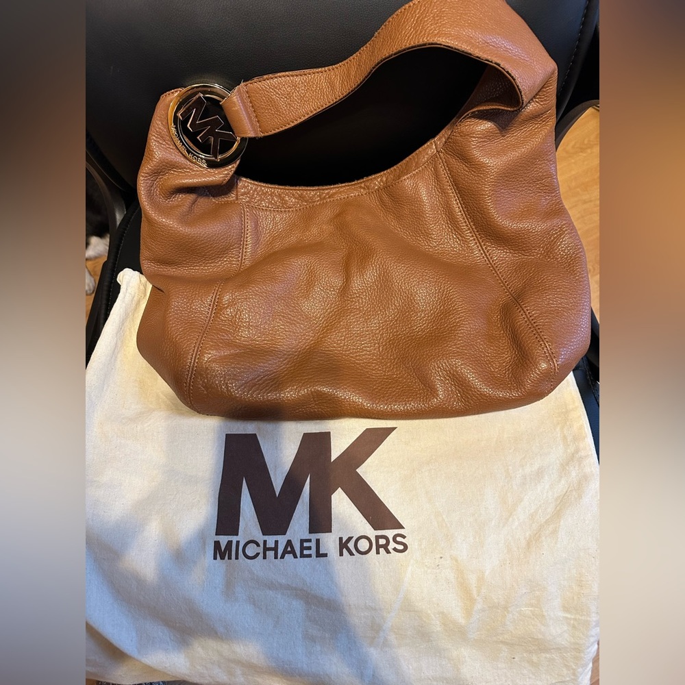 Michael Kors Fulton Large Leather Hobo Bag Purse Luggage Brown Tan Gold